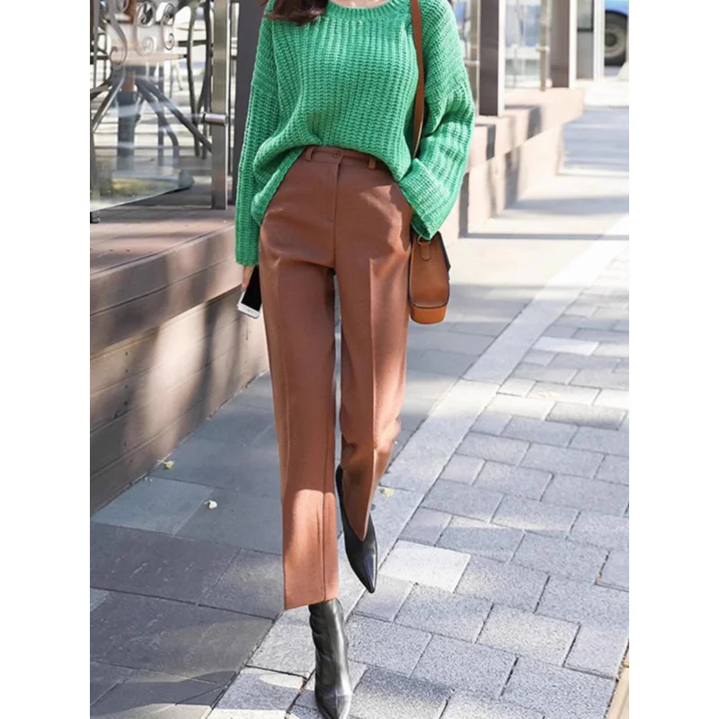 

Woolen Pants Women's Autumn and Winter2024New High Waist Thickened Cigarette Pants Korean Style Straight Radish Ankle-Length Woo