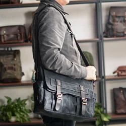 New Wax Canvas Splicing Men's Real-Leather Bag Vintage Single-Shoulder Fashion Computer Messenger