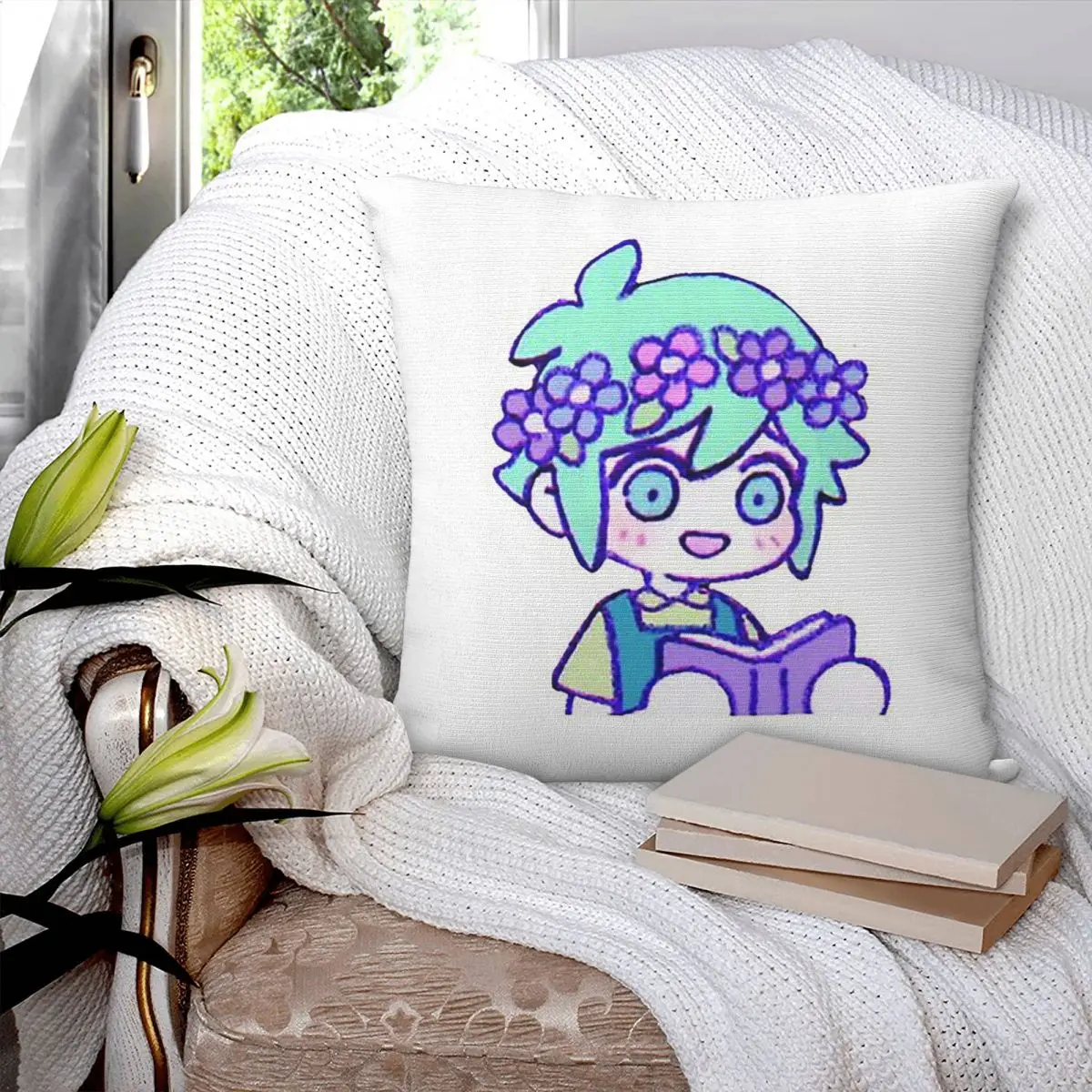 Cute Basil Omori Emote Square Pillowcase Pillow Cover Polyester Cushion Decor Comfort Throw Pillow for Home Living Room