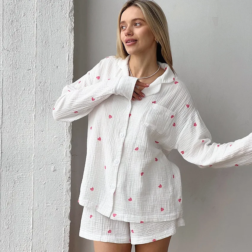 Loose Women\'s Home Clothes 2 Piece Sets Print Long Sleeve Sleepwear Female Cotton Suits With Shorts Summer Casual Pajamas