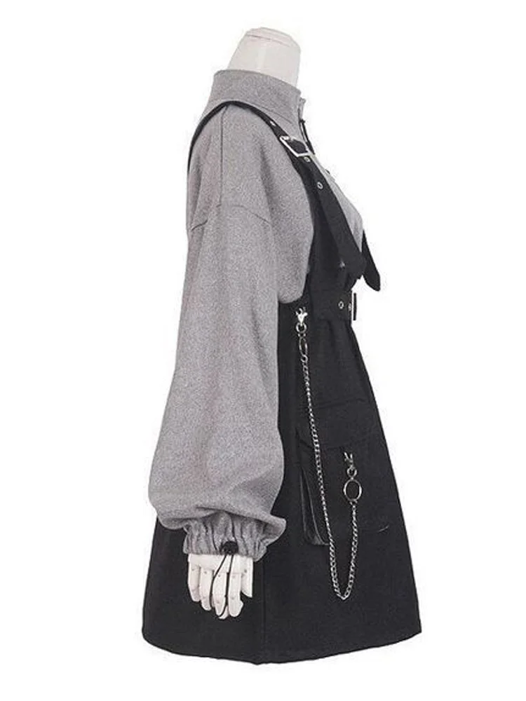 2023 Woman Dress Gothic Girls Y2K Vintage Clothes Strap Belt Chain Loose Casual Sweatshirt Dresses Sets Lolita Korean Robe Femme