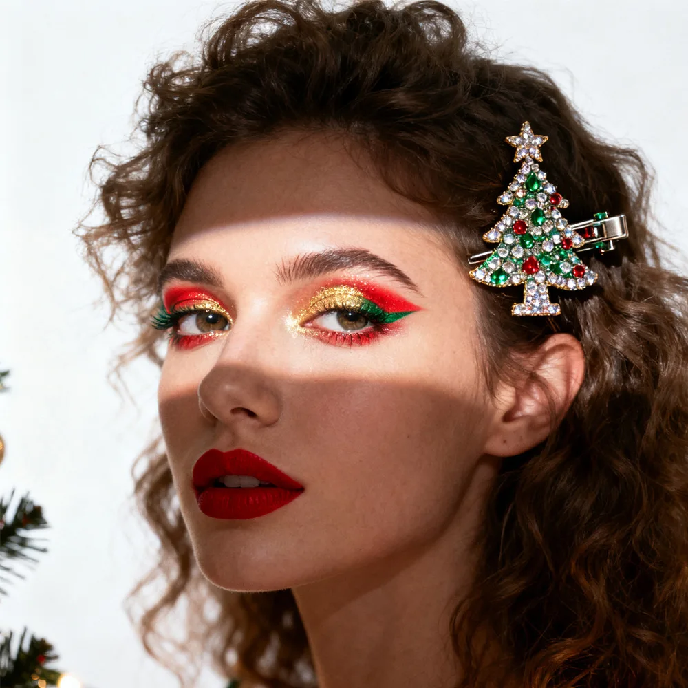 Luxury Christmas Tree Hair Clip Headpiece Women Girl Accessories 2026 Fashion Colorful Rhinestone Hairpins Tiara New Year Gifts