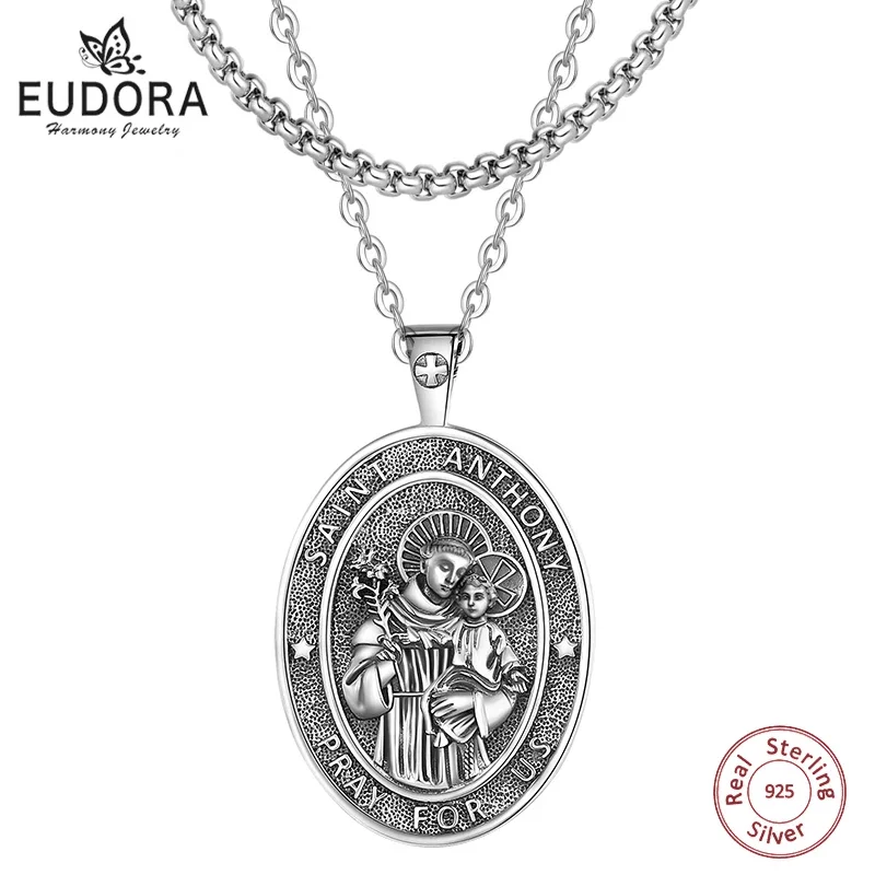 Eudora 925 Sterling Silver Saint Anthony of Padua Necklace for Men WomenVintage Medallion Pendant Religious Jewelry Catholic Gif