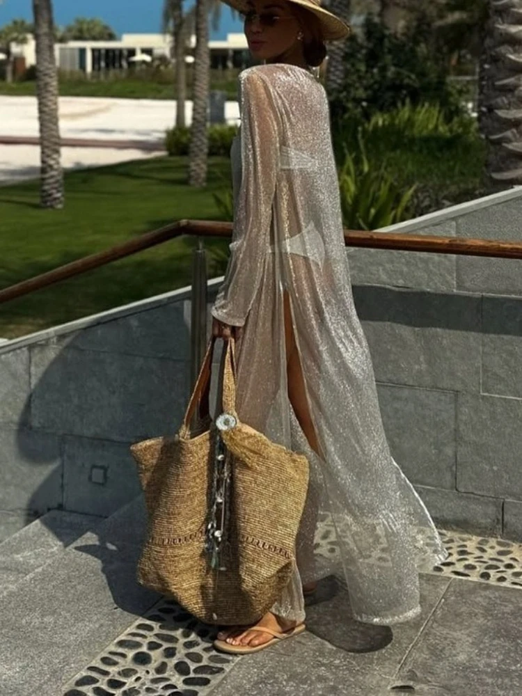 فستان طويل شفاف مثير للنساء من Tossy برقبة دائرية وأكمام طويلة وخصر عالٍ وفضفاض ملابس الشارع فستان ربيعي نسائي