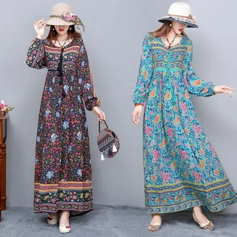 Vintage Women\'s Beach Skirt Dress Long Sleeve Floral Print Beach Bohemian Straight V-neck Maxi Dress Summer Ladies Dress