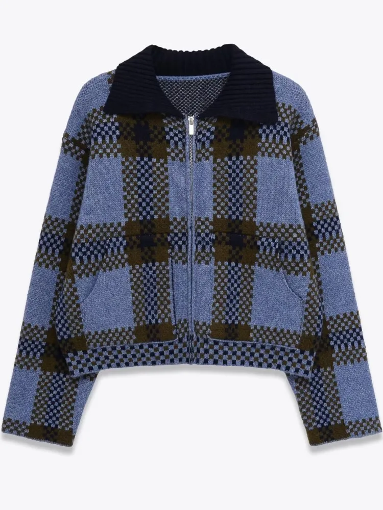 

Autumn And Winter New Products Street Fashion Casual Plaid Knitted Jacket Women's Commuting Zipper Lapel Long-sleeved Jacket Top