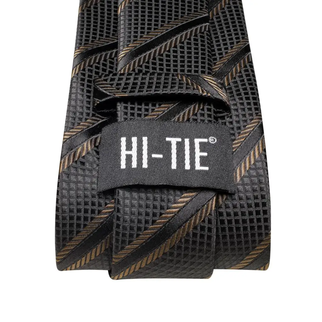 2023 Luxury Striped Black 8.5cm Business Ties For Men Silk Jacquard Woven Mens Necktie Brooch Cufflink Hanky Set Hi-Tie Designer