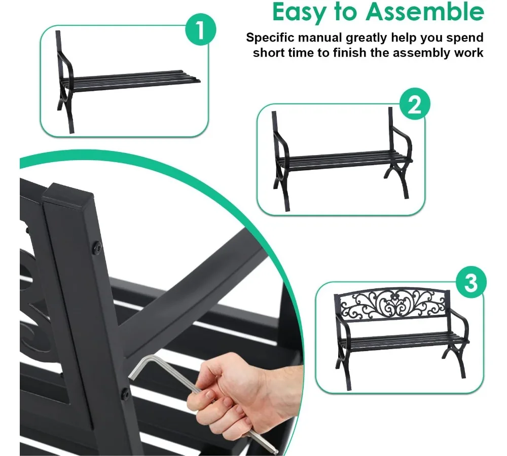 مقعد حديقة خارجي مقاس 50 بوصة بتصميم زهور ومقعد شرائحي ومساند للذراعين - مثالي للفناء والشرفة #4