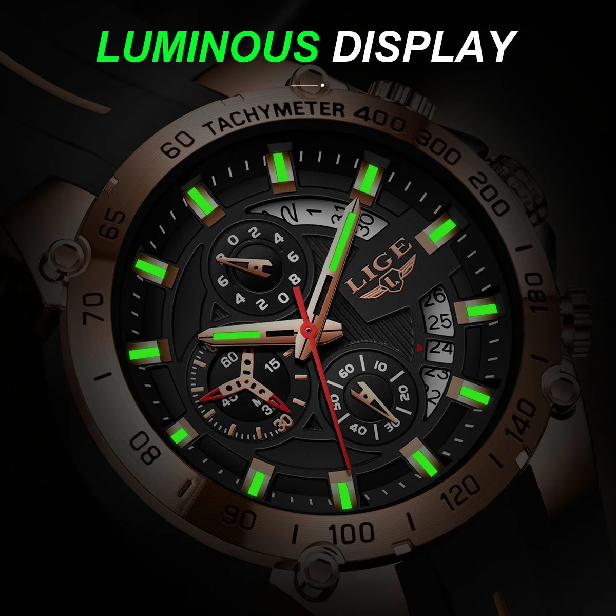 LIGE 남성용 새로운 스포츠 쿼츠 시계 패션 방수 크로노 그래프 손목 시계 부드러운 실리콘 스트랩 빛나는 달력 남자 시계