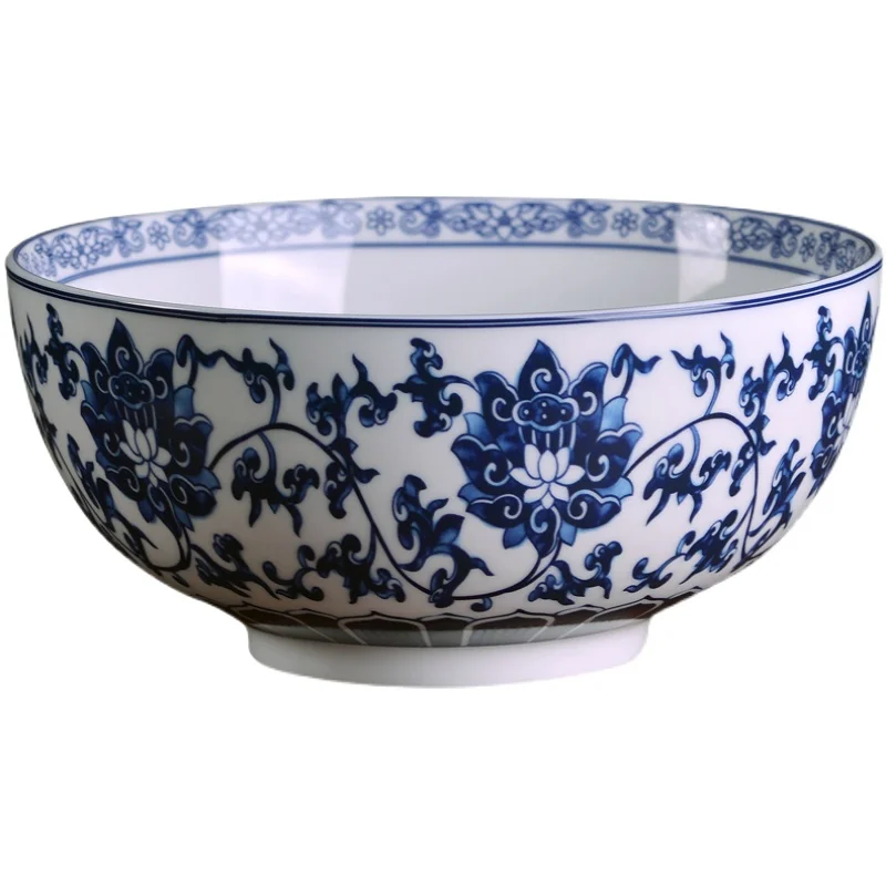 High Temperature White Porcelain Big Soup Bowl Blue and White Porcelain Bowl Chinese Household Ceramic Tableware Big Soup