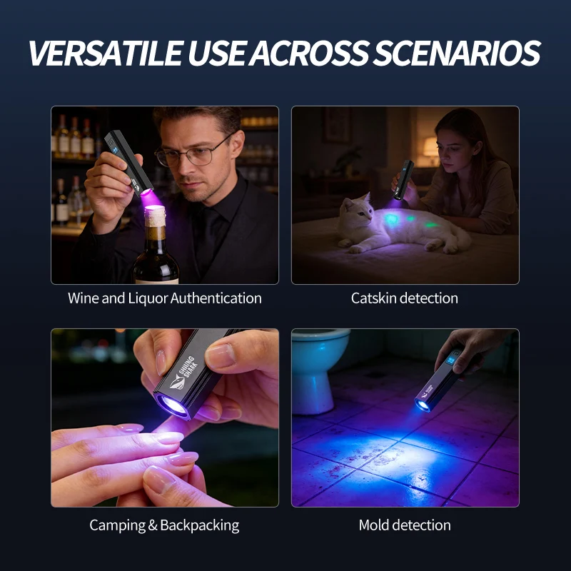 SMILING SHARK UV Light 2Mode 365nm Mini Flashlight Purple Light Test Lamp Rechargeable Waterproof Testing Money Test