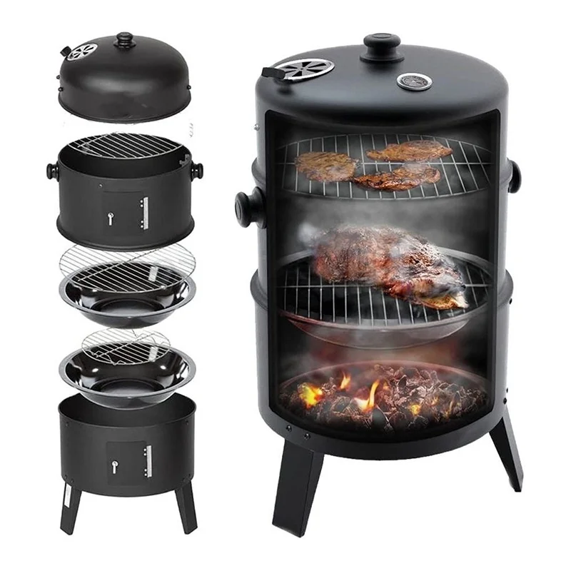 

Customized Logo 3-in-1 Iron 14-Inch Vertical Meat Smoker Charcoal Oven Outdoor Portable Camping Barbecue Grill