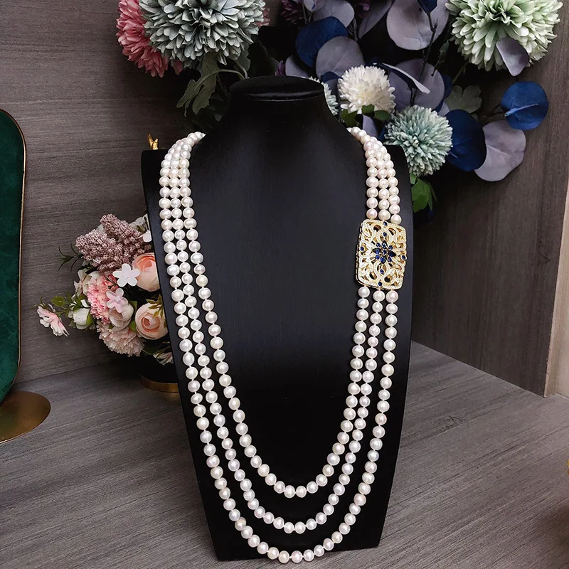 natural 3row 7-8mm freshwater pearl long  sweater chain . women's fashion multi-layer versatile exquisite necklace 26