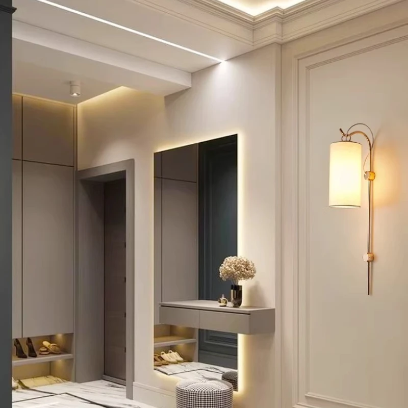 American Rose Gold Wrought Iron Long Pole LED Wall Lamp Cylindrical Fabric Light Living Room Bedroom Restaurant Corridor Sconces