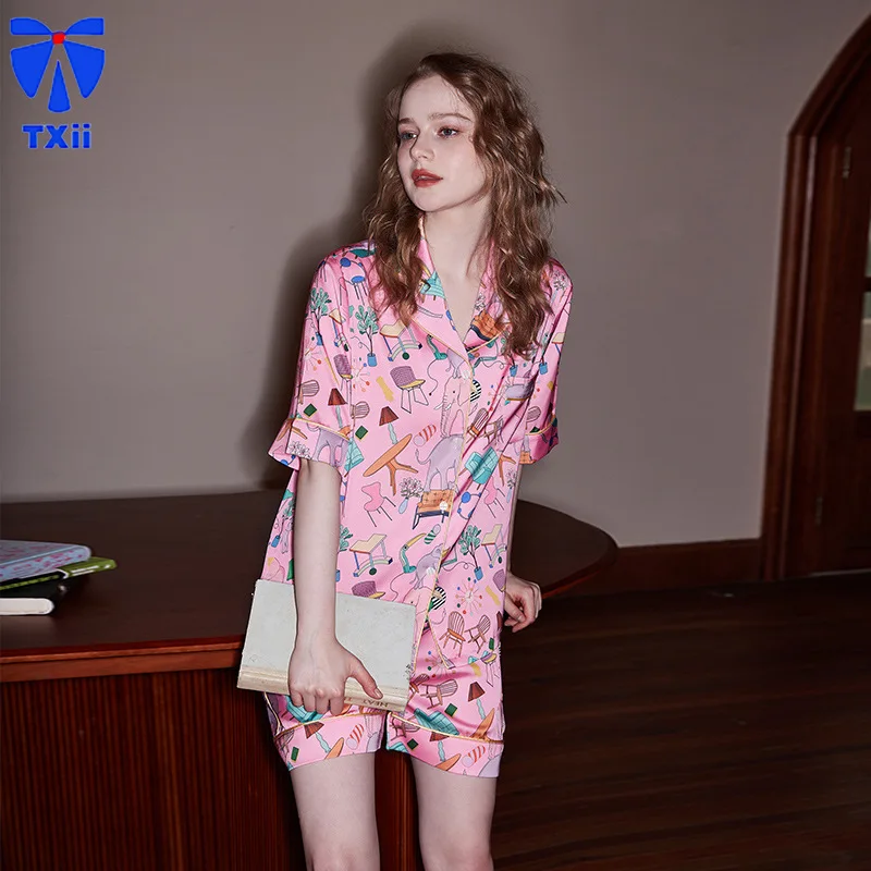 [Pink furniture] New Pajamas Women's Summer Short-sleeved Shorts Ice Silk suit Sweet Cute Cartoon Home Clothes