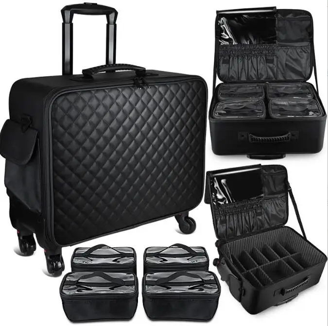 

Women Portable Travel Rolling Makeup Suitcase Train Case Professional Makeup Suitcase with 4 Small Bag with Adjustable Dividers