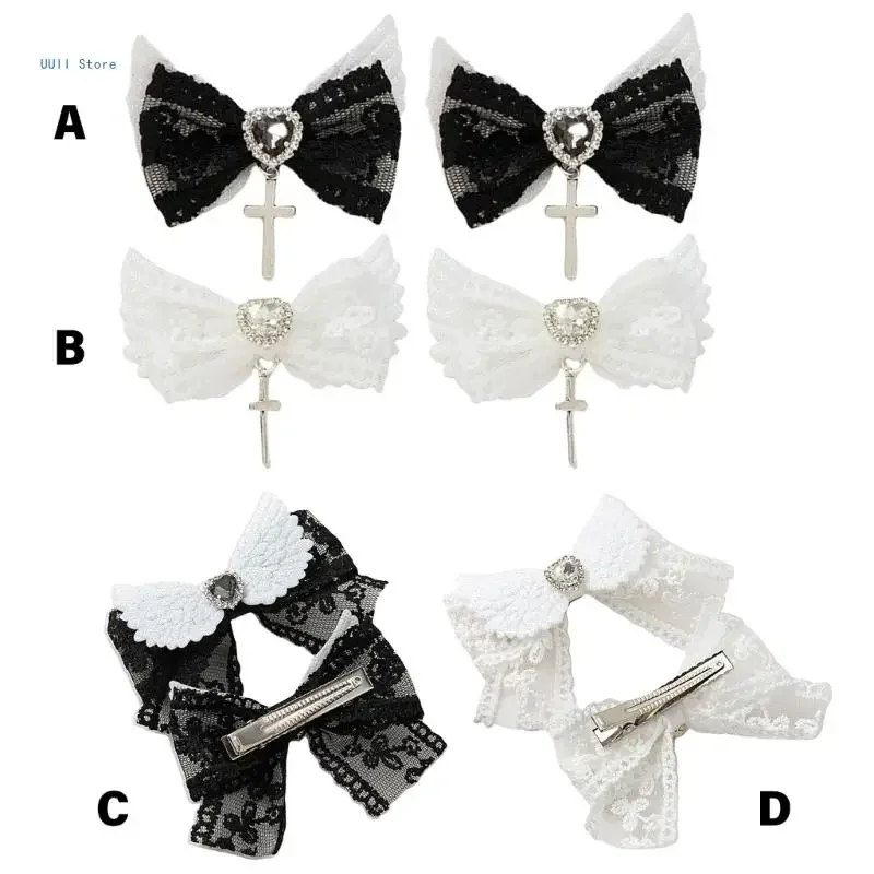 Lace Bows Hair Clip 2000s Trend Side Clip Bows Wing Heart Bowknot Balletcore Heart Rhinestones Photo Props