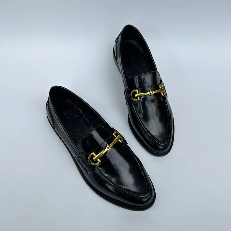 Jenny&Dave 2024 Autumn New Shoes Retro Black Leather Loafers Women Ladies British Fashion Metal Buckle Flat Shoes