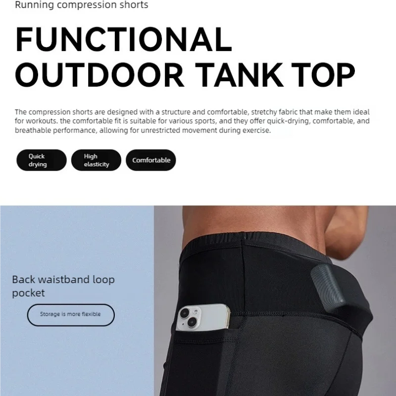 Herren High-Waist Kompressions-Laufshorts Schnelltrocknend Atmungsaktiv Fitness-Workout Marathon-Shorts mit Taschen – Detail 7