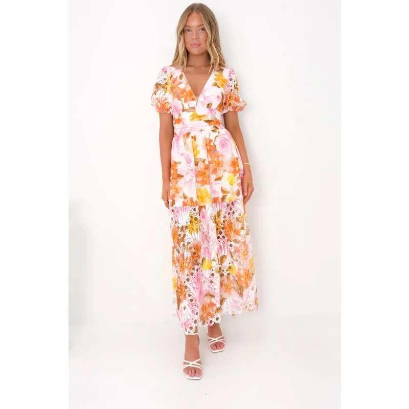 Abito lungo Boho per le vacanze a pieghe Abito estivo da donna scollato Abito bohémien Corsetto sexy floreale con maniche corte a sbuffo e scollo a V