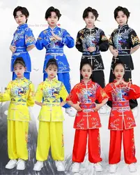 Conjunto de artes marciales tradicionales tai chi wushu kung fu para niños chinos, traje de actuación vintage, traje de kung fu con estampado de dragón, 2024