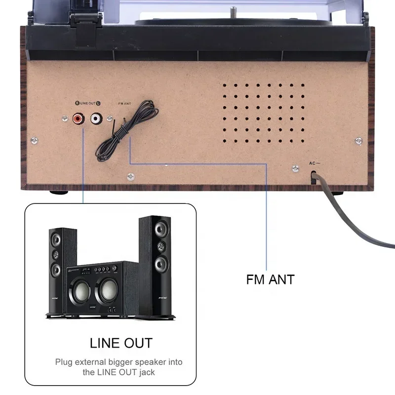 All In One Turntable Player Gramophone Vinyl Record Player With External Speakers AM FM Radio Bluetooth Cassette Play