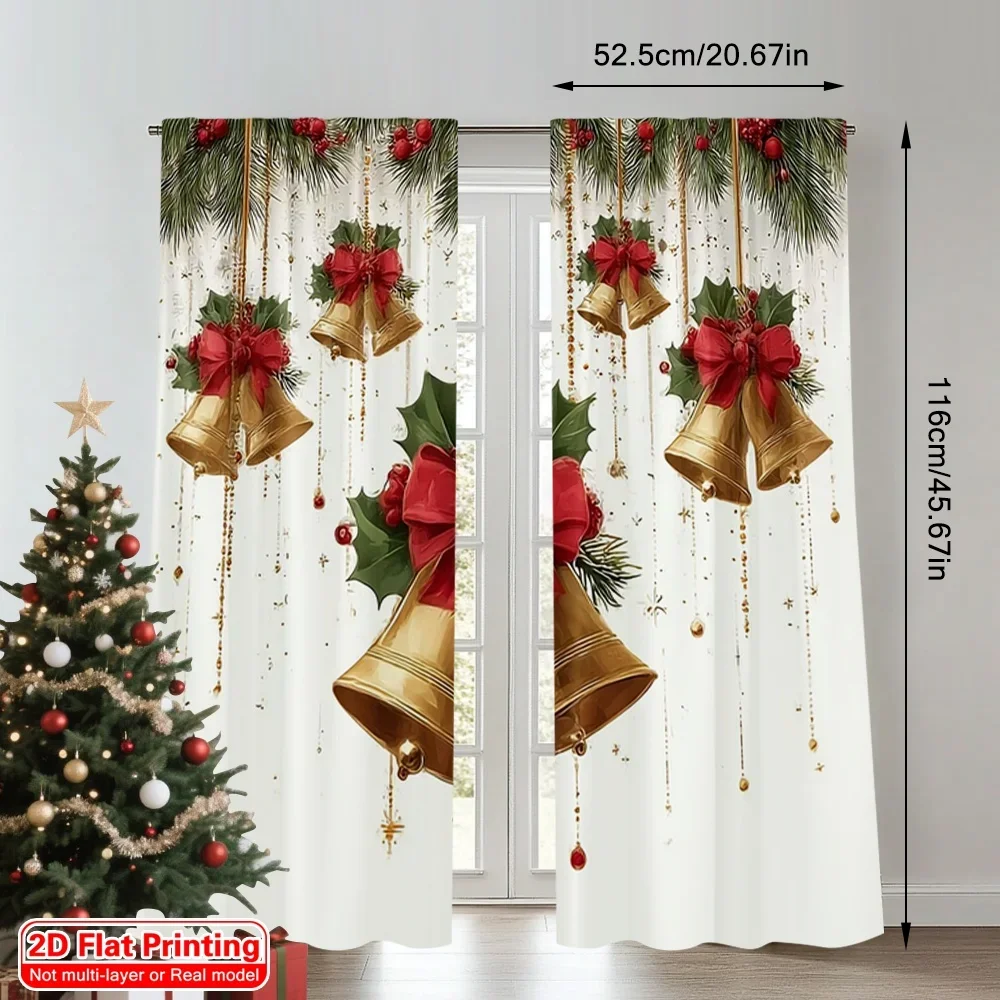 2pcs 2D flat printing Happy Christmas Party Curtains Gold bells_ holly_ red ribbon Digital Printed Polyester Drapes Spring for
