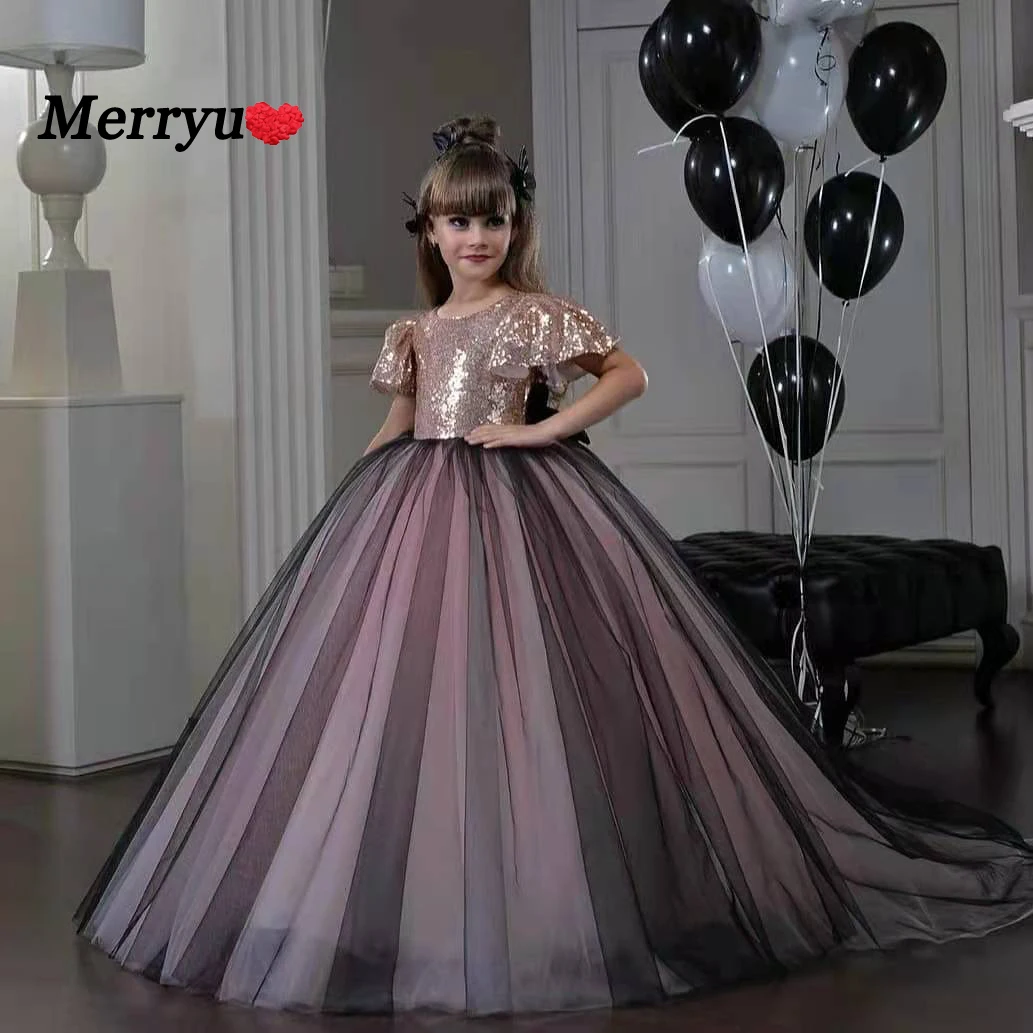 Pailletten Tüll Blumenmädchen Kleid Kurze Puffärmel Mädchen Prom Ballkleider Kinderkleid für Party Vestidos Para Niñas