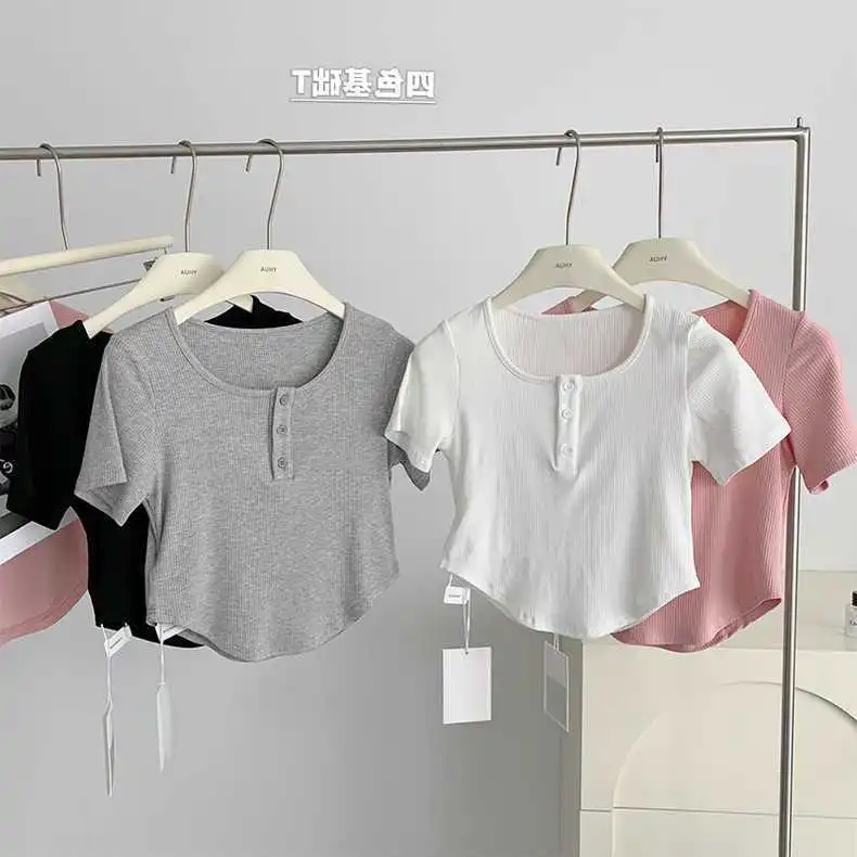 

Summer Baby Girls Clothes Simple Slim Stretch T-shirt Solid Color Button Up T-shirt Breathable and Comfortable Tee T-shirts