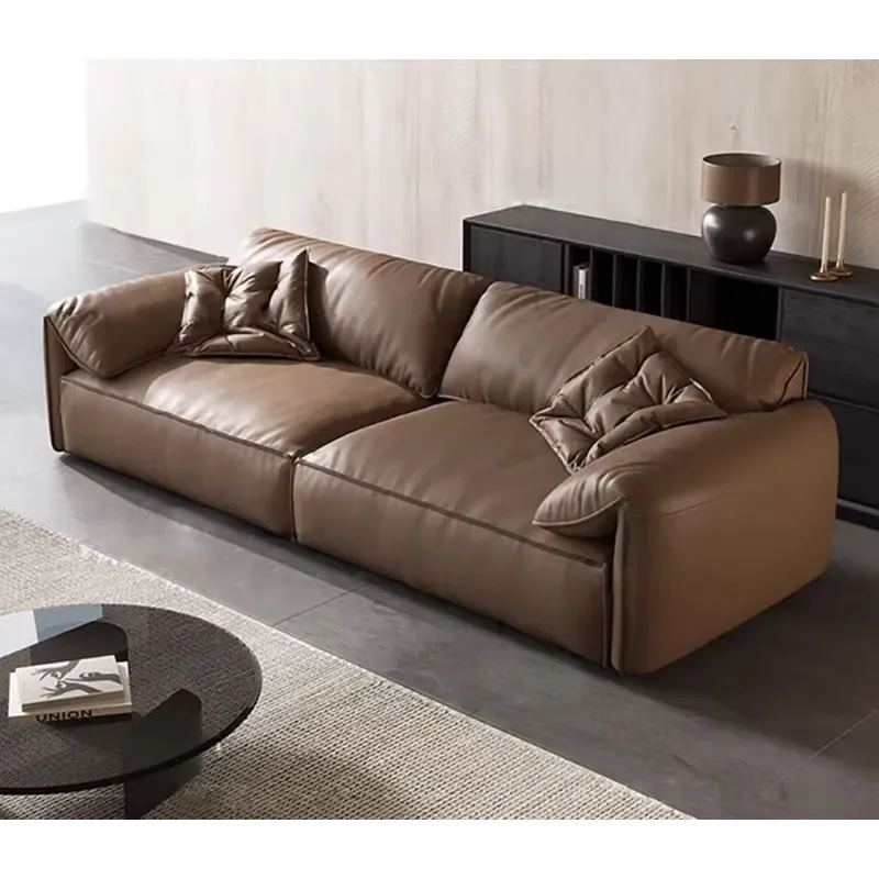 Brown Retro Minimalist Three Seater Elephant Ear Leather Sofa Feather Filled Backrest Straight Row First Layer Cowhide Set