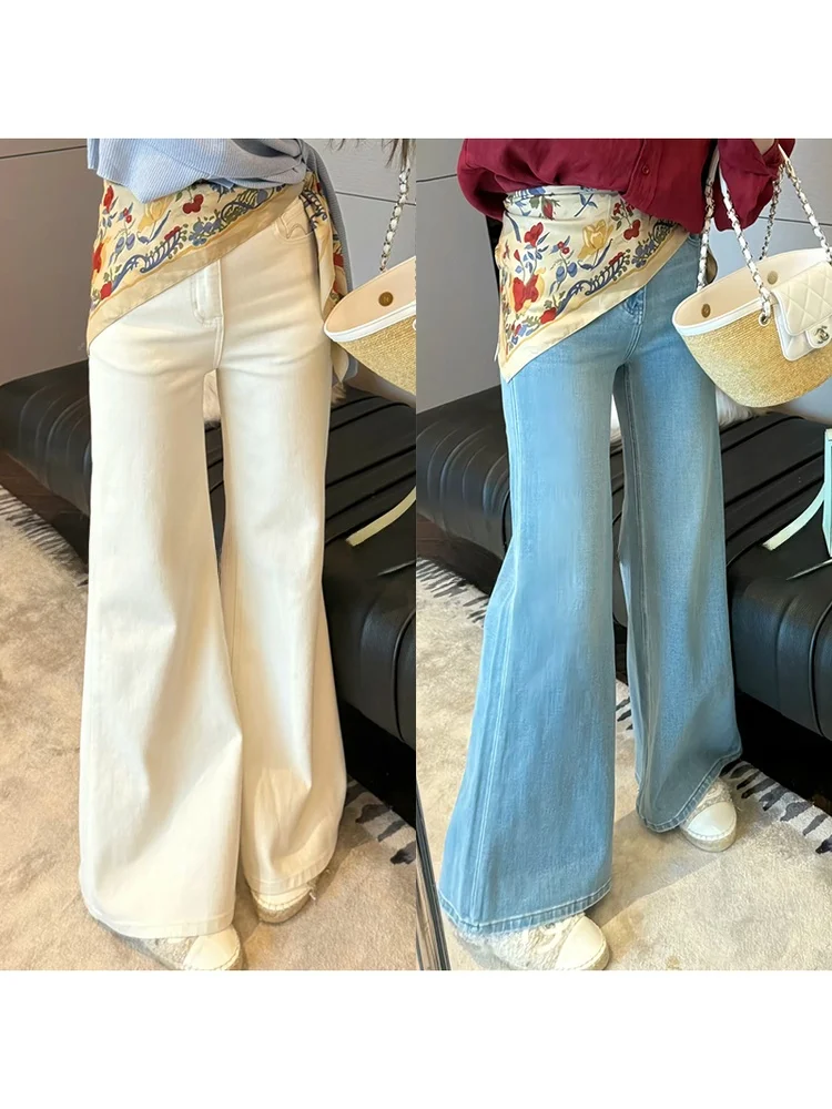 

Женские летние джинсы с высокой талией, прямые, широкие, белые, из хлопка, однотонные, эластичные в четырех направлениях, новый стиль
