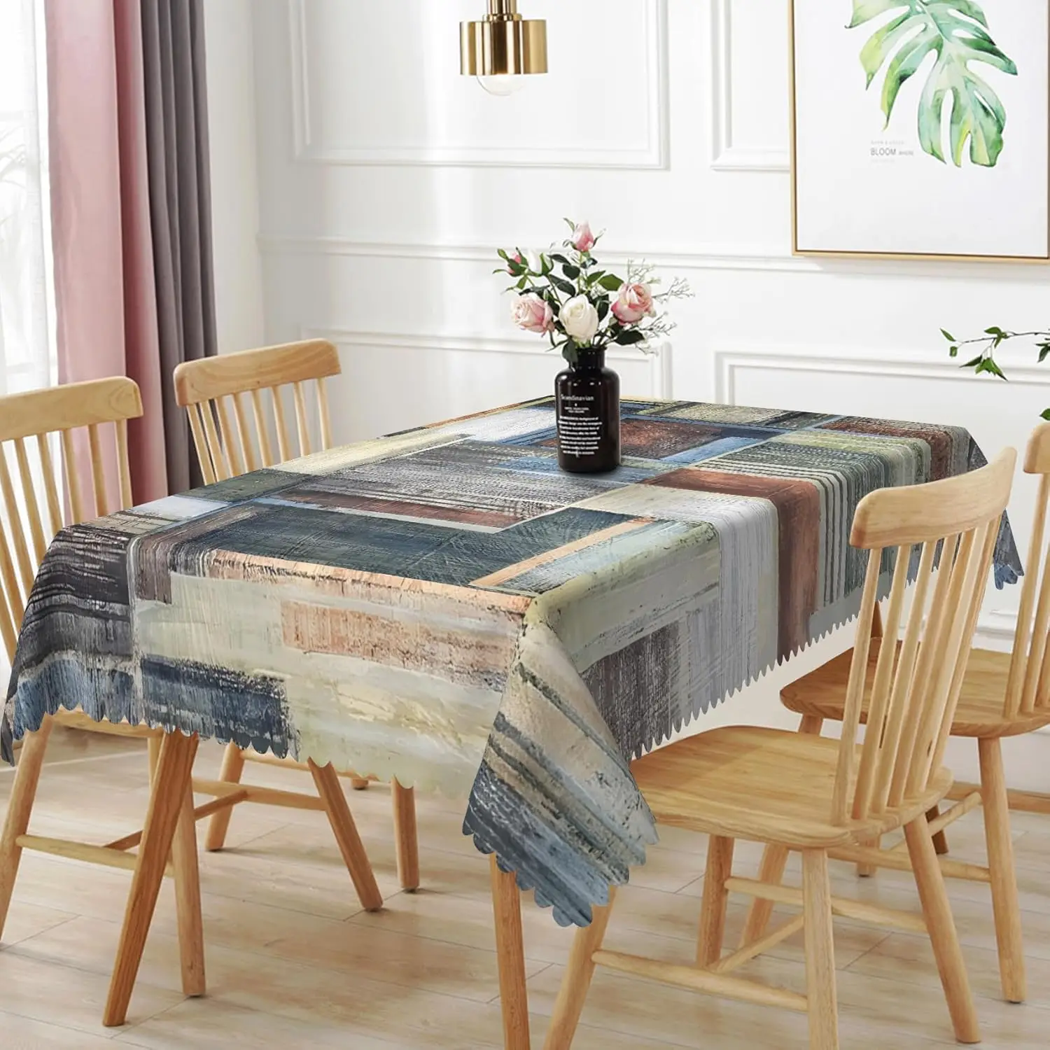 Abstract Art Painting Waterproof Tablecloth Blue Brown Grey Patchwork Table Cover for Kitchen Dining Picnic Decor