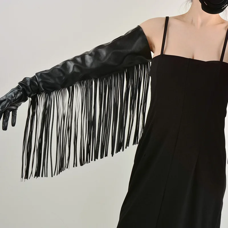 Faux Leather PU 70cm Black Extra Long Fringe Tassel Arms Women  Full Finger Gloves Halloween Party Cosplay Accessories Mittens