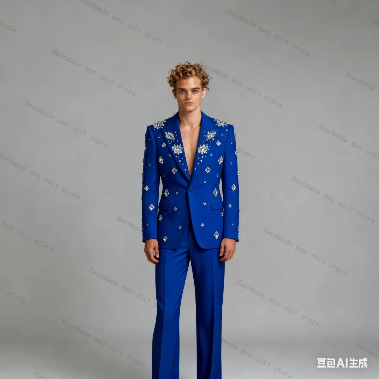 

Blue Men Suit Set 2 Piece Crystals Blazer+Pants Prom Wedding Tuxedos Coat Cotton Customized Formal Office Business Jacket
