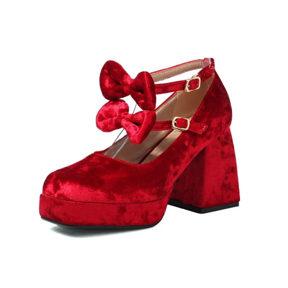 Zapatos Mary Jane de plataforma de terciopelo para mujer, tacones gruesos con lazo, correa con hebilla en el tobillo, zapatos de fiesta de talla grande 34-43 H402