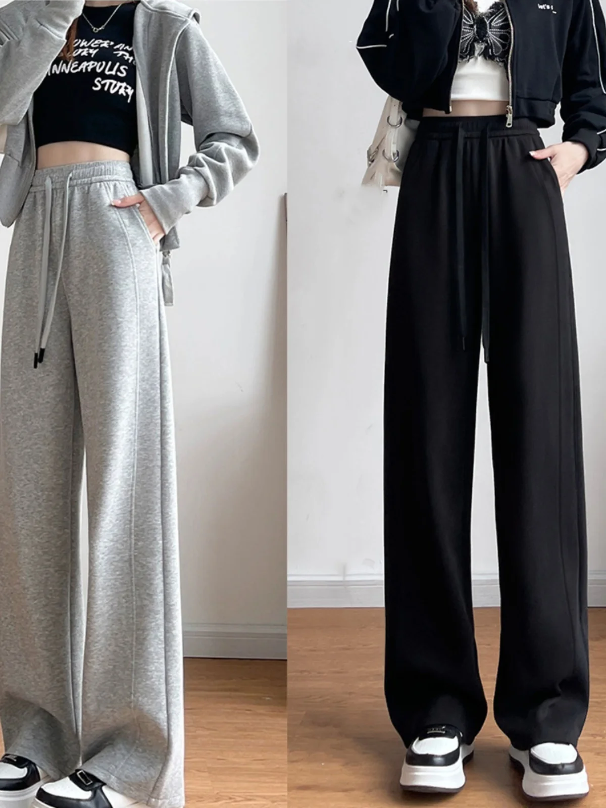 Szerokie spodnie damskie z wysokim stanem, proste, luźne, wyszczuplające spodnie dresowe, jesień 2024, nowe, zwiewne spodnie.