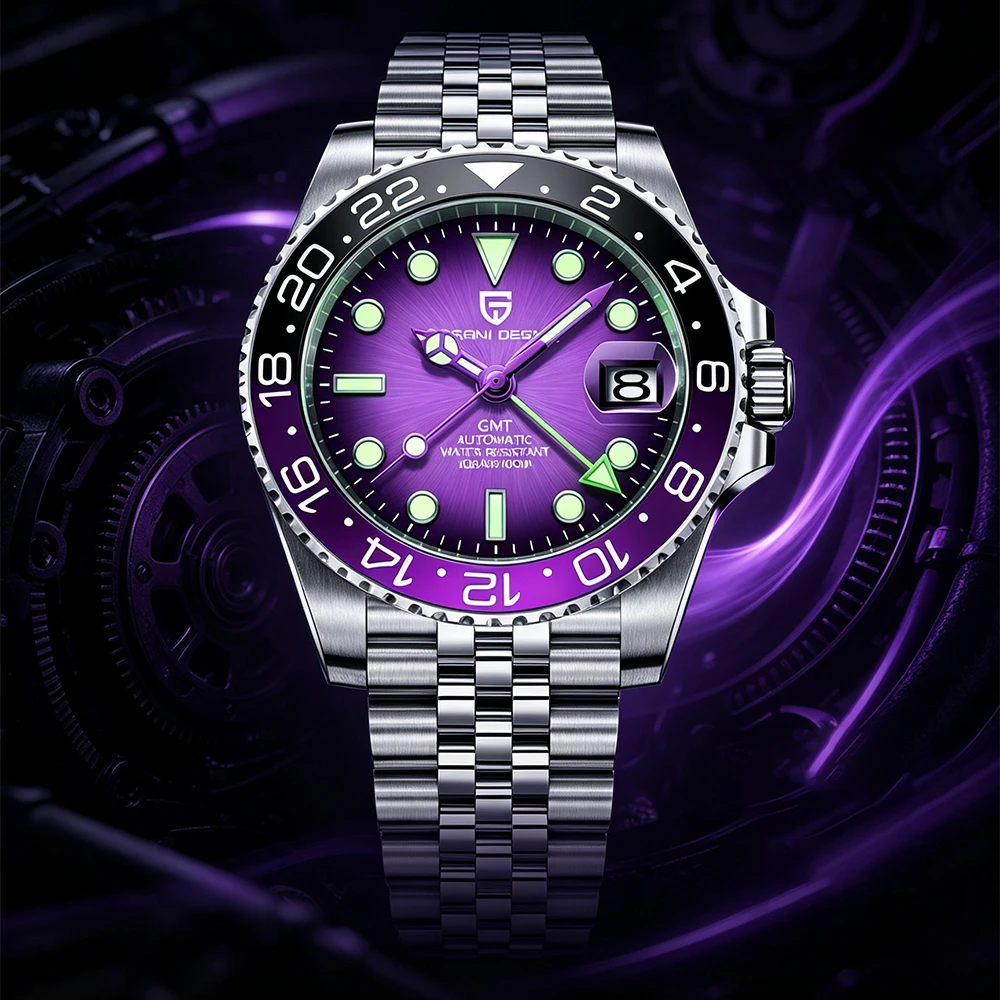 2026 PAGANI DESIGN 40MM Purple Dial GMT Men Mechanical Watch Jubilee Bracelet Sapphire Glass Waterproof Automatic Watch for Men