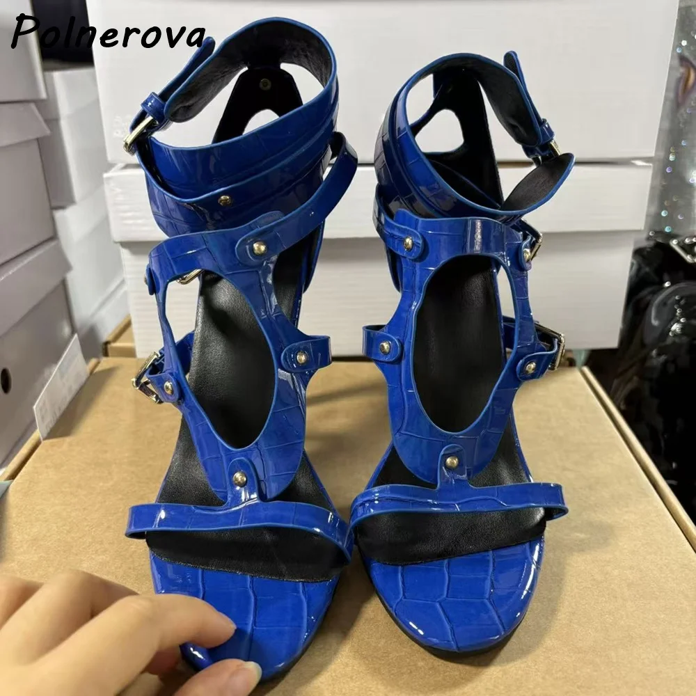 Bright Blue Croc-Patent Leather Sandals Gladiator Heel Multi Buckle Cutout Ankle Wrap Shoes Bold Nightclub Party Stiletto Shoes