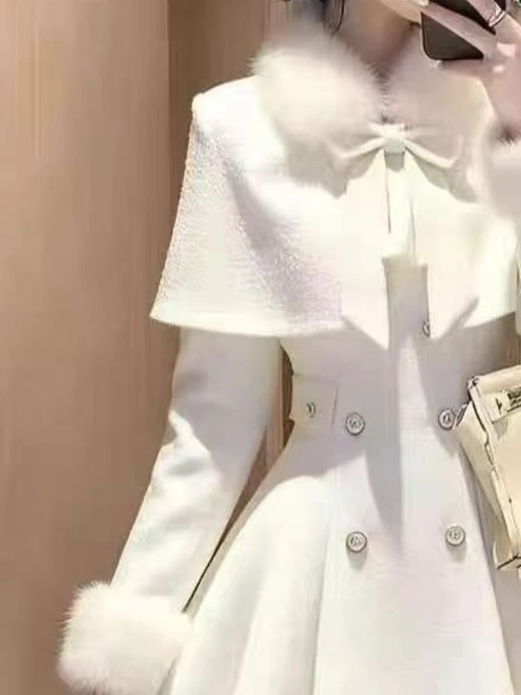 フランス風エレガントヴィンテージウール2ピースセット レディース フェイクファー襟付きケープ＋シックなワンピース 新冬Aラインレトロパーティーコーデ 2025