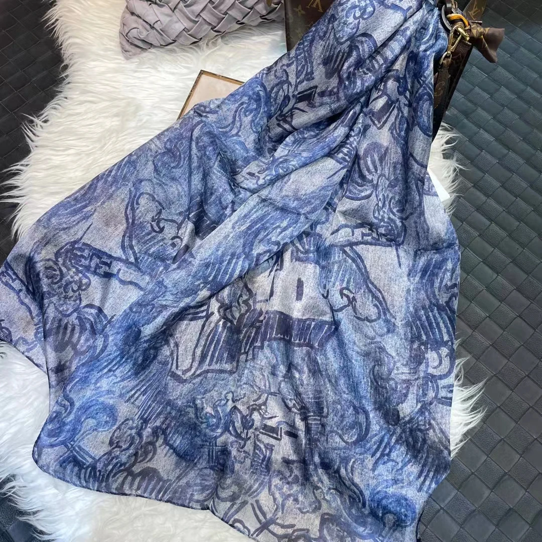 Fashion Ink Blue 100% Mulberry Silk Scarf Shawl New Brand Graffiti Summer Beach Silk Shawls Scarfs Fall Winter Neck Head Scarf