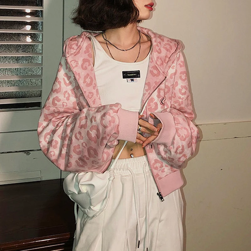 Preppy Style Pink Sweatshirts Leopard Print Y2K Harajuku Oversized Hoodies Women Vintage Casual Zipper Cropped Jacket Tops Cute