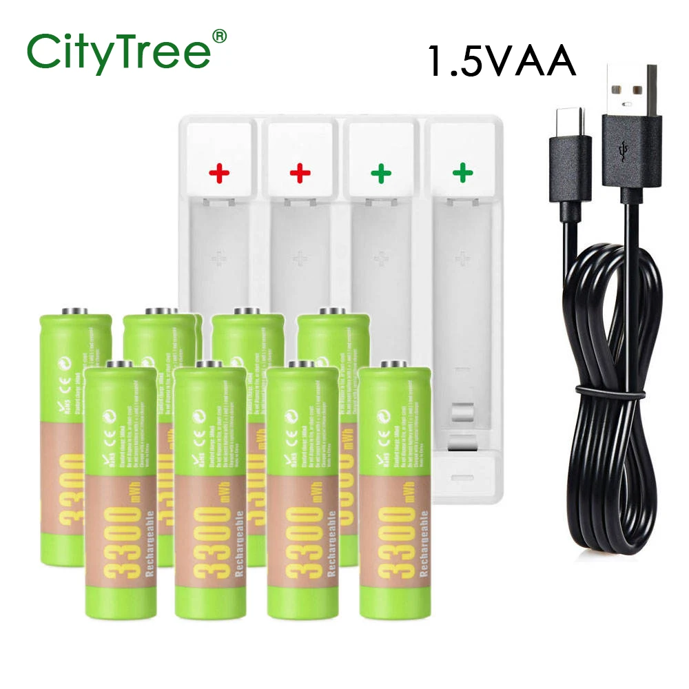 AA Rechargeable Battery 3300mWh Lithium 1.5V AA Li-ion Batteries with 4 Slots Mix-charge AA/AAA Smart Lithium Charger