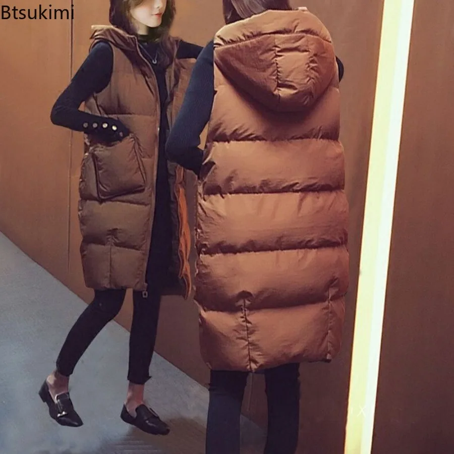 2026 Winter Women Vest Waistcoat Long Cotton Jacket Loose Oversize Warm Bread Jacket Sleeveless Hooded Woman Jacket with Pocket