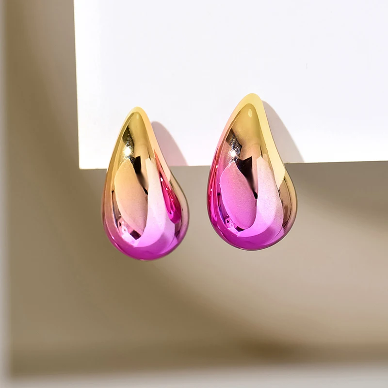 New 2PC/set Gradient Waterdrop Hoop Earrings Dupes for Women Thick Metallic Colorful Tear Drop Earring Lightweight Jewelry Gifts