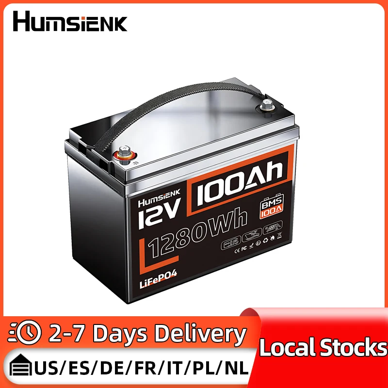 Humsienk 12V 100Ah Built-in 100A BMS Lithium Iron Phosphate Battery Packs For RV/ Vans/ Trolling Motor/ Golf Cart/ Camping