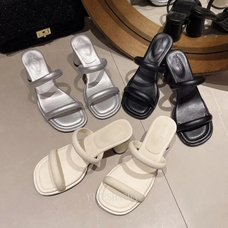 Sandalias de tacón alto con banda estrecha para mujer, zapatos elegantes con punta abierta, estilo callejero, para playa, 2024