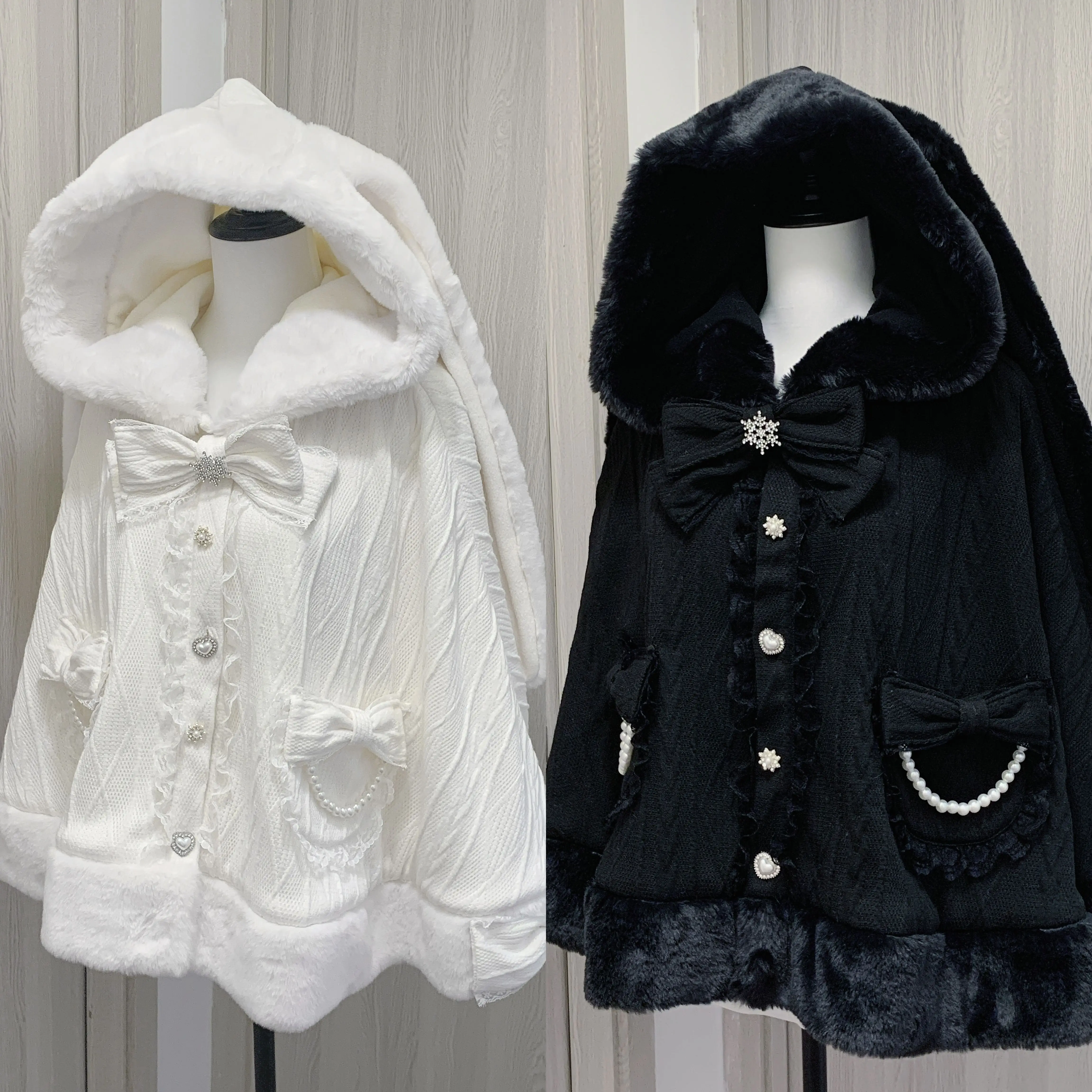 

Gothic Black Hooded Cloak for Women Single-Breasted Sweet Bow Short Jacket Y2K Lolita Capes Autumn Winter Girls Original Subcult