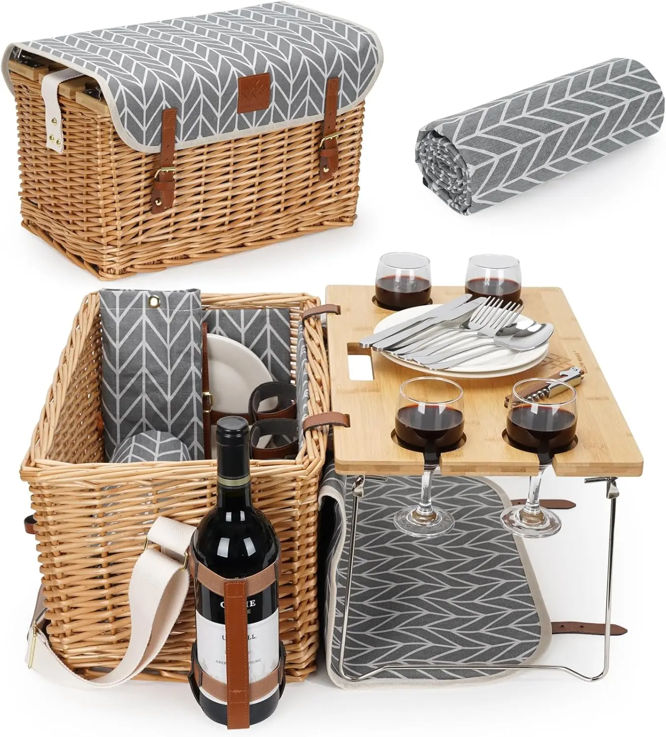 

Luxury Picnic Basket, Wicker Picnic Basket Set for 4, Picnic Basket with Blanket & Portable Table for Camping and Outdoor Party