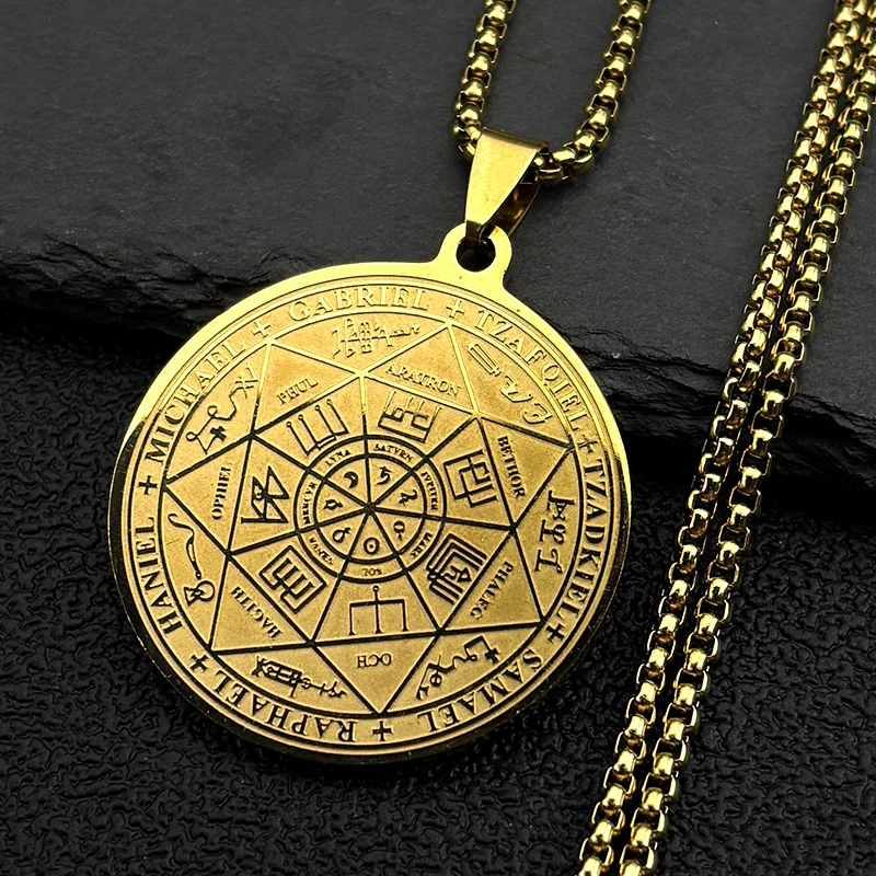Seven Archangels Sigil Medal Angel Pendant Necklace for Women Men Stainless Steel Seal of Solomon Christian Amulet Chain Jewelry