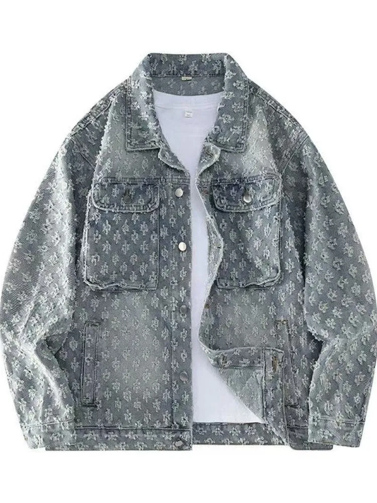 

Ретро американский весенне-осенний джинсовый джинсовый джинт, свободный повседневный мужской джинсовый джинт ручной работы с рваной вышивкой, крутой джинт High Street